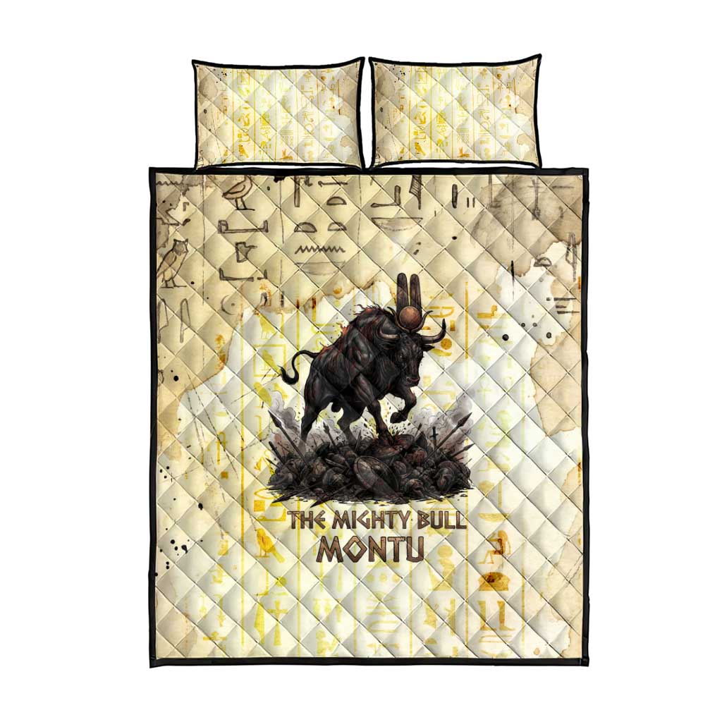 Montu Egyptian Quilt Bed Set War God Mighty Bull Symbol Ancient Power Hieroglyphic