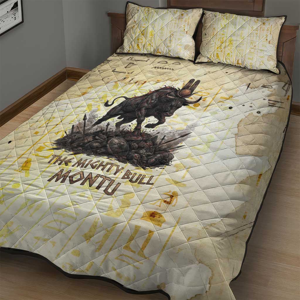 Montu Egyptian Quilt Bed Set War God Mighty Bull Symbol Ancient Power Hieroglyphic