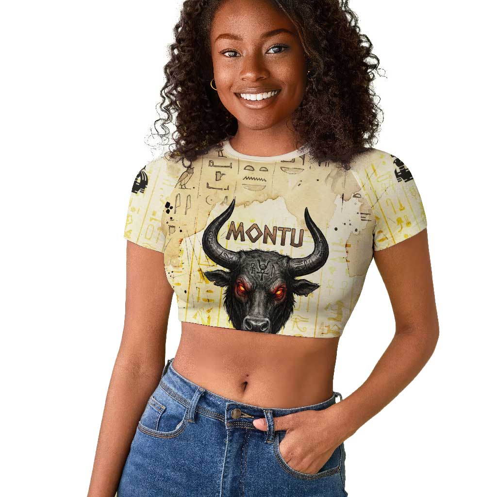 Montu Egyptian Raglan Cropped T shirt War God Mighty Bull Symbol Ancient Power Hieroglyphic