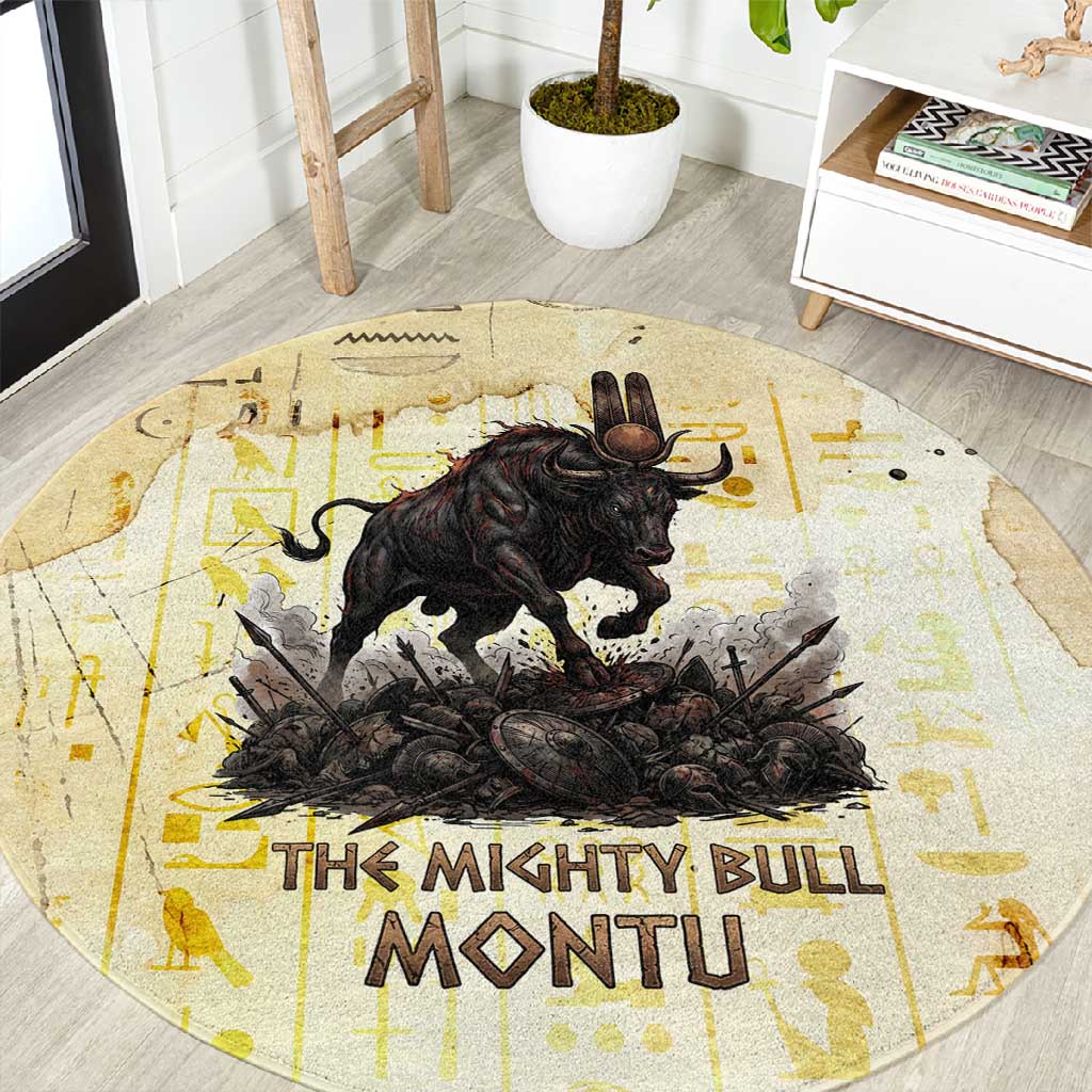 Montu Egyptian Round Carpet War God Mighty Bull Symbol Ancient Power Hieroglyphic