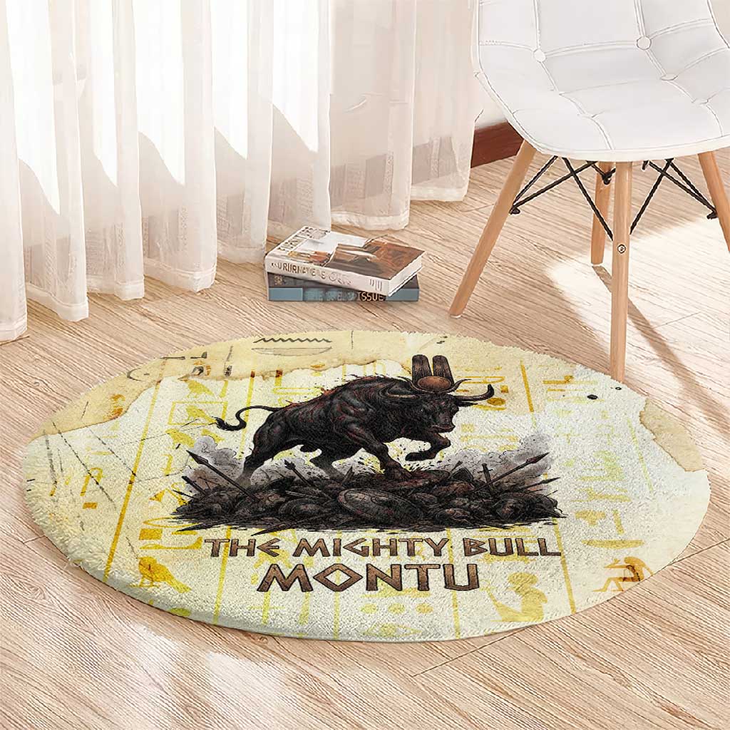 Montu Egyptian Round Carpet War God Mighty Bull Symbol Ancient Power Hieroglyphic