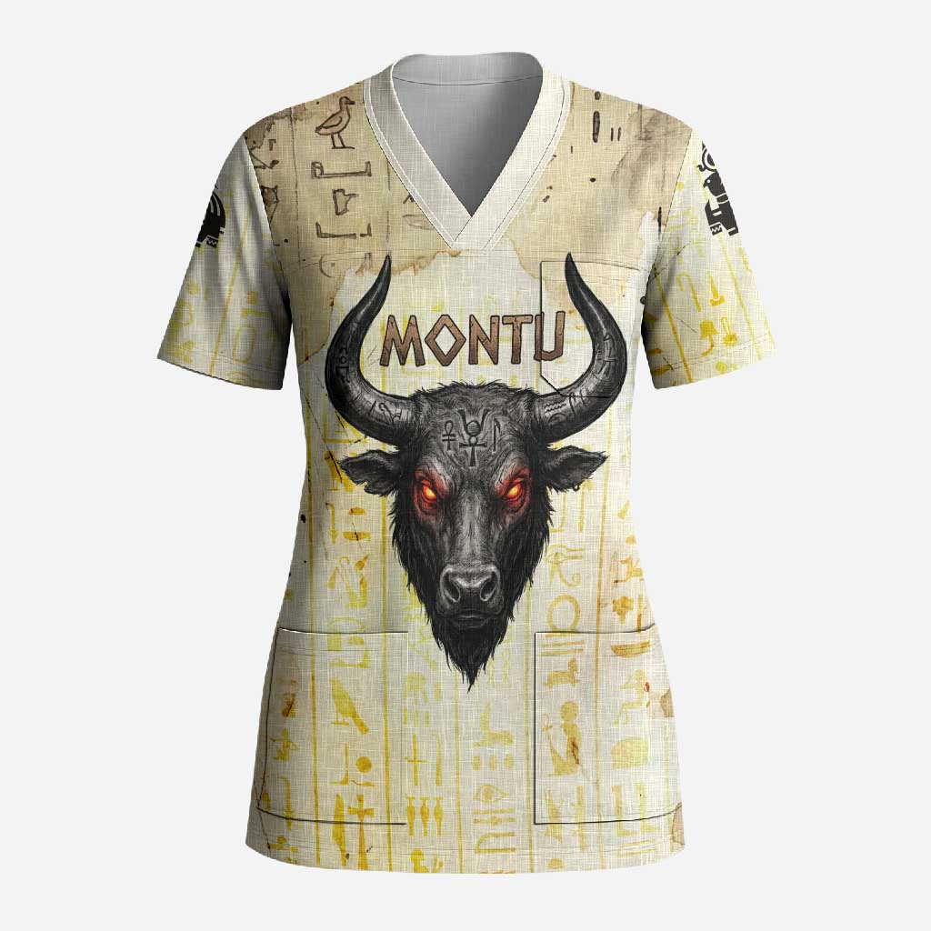 Montu Egyptian Scrub Top War God Mighty Bull Symbol Ancient Power Hieroglyphic