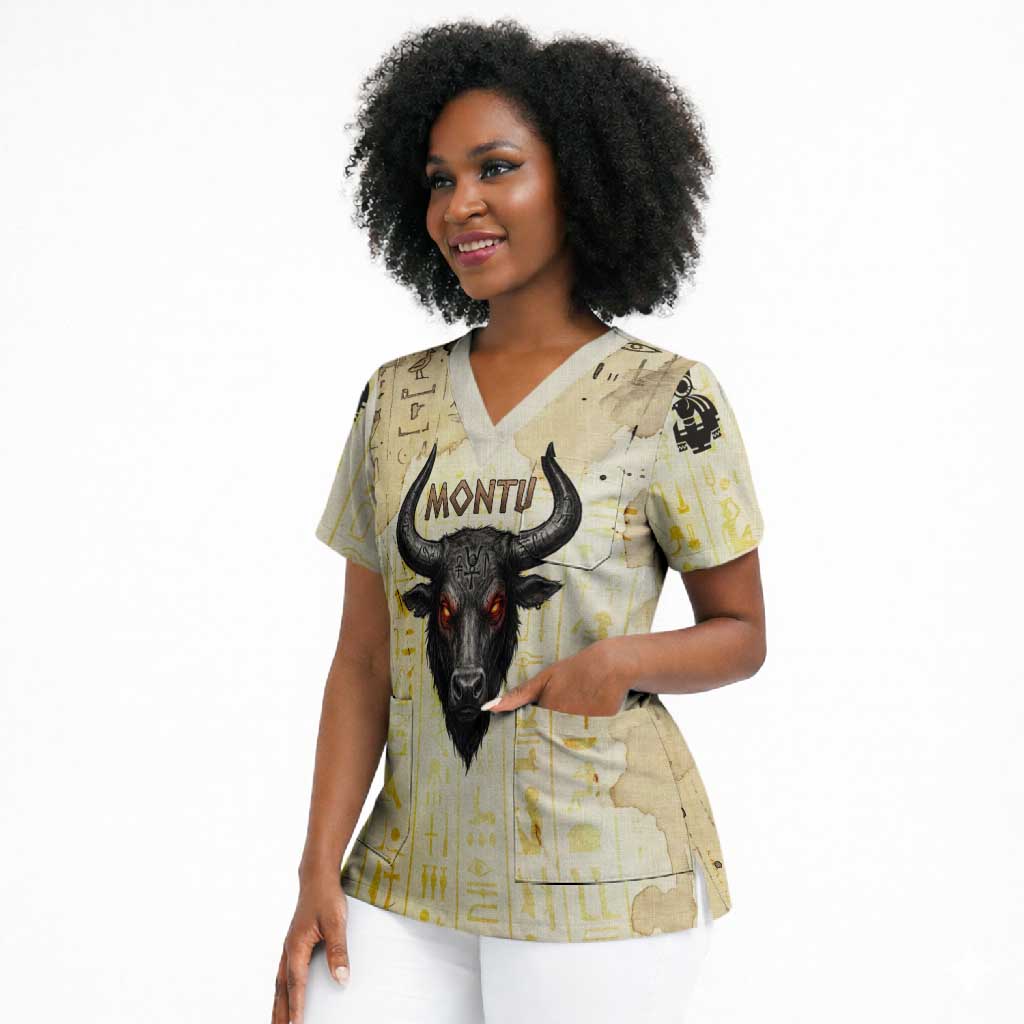 Montu Egyptian Scrub Top War God Mighty Bull Symbol Ancient Power Hieroglyphic