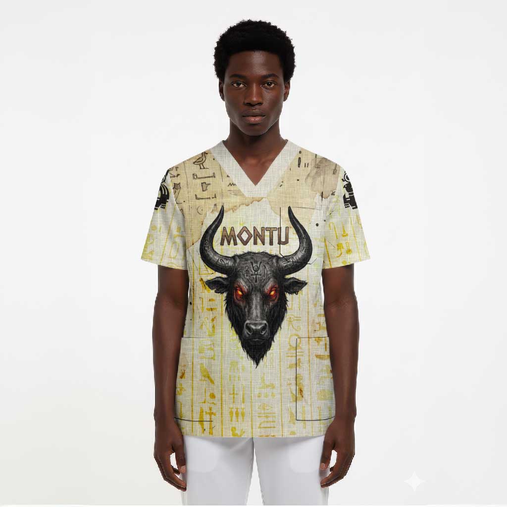Montu Egyptian Scrub Top War God Mighty Bull Symbol Ancient Power Hieroglyphic