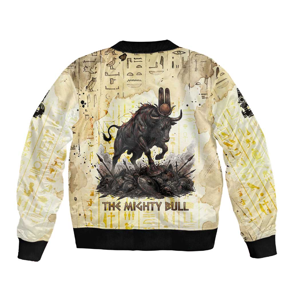 Montu Egyptian Sleeve Zip Bomber Jacket War God Mighty Bull Symbol Ancient Power Hieroglyphic