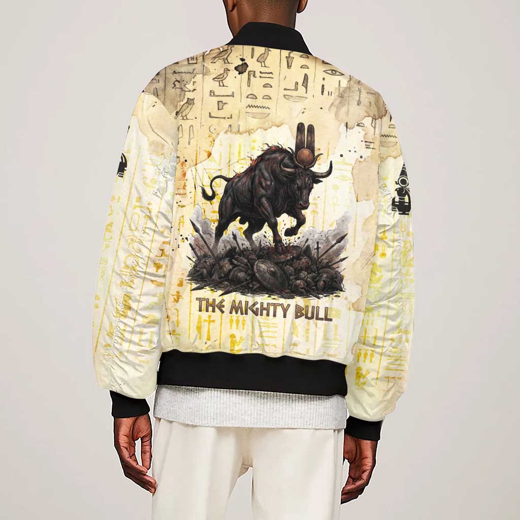 Montu Egyptian Sleeve Zip Bomber Jacket War God Mighty Bull Symbol Ancient Power Hieroglyphic