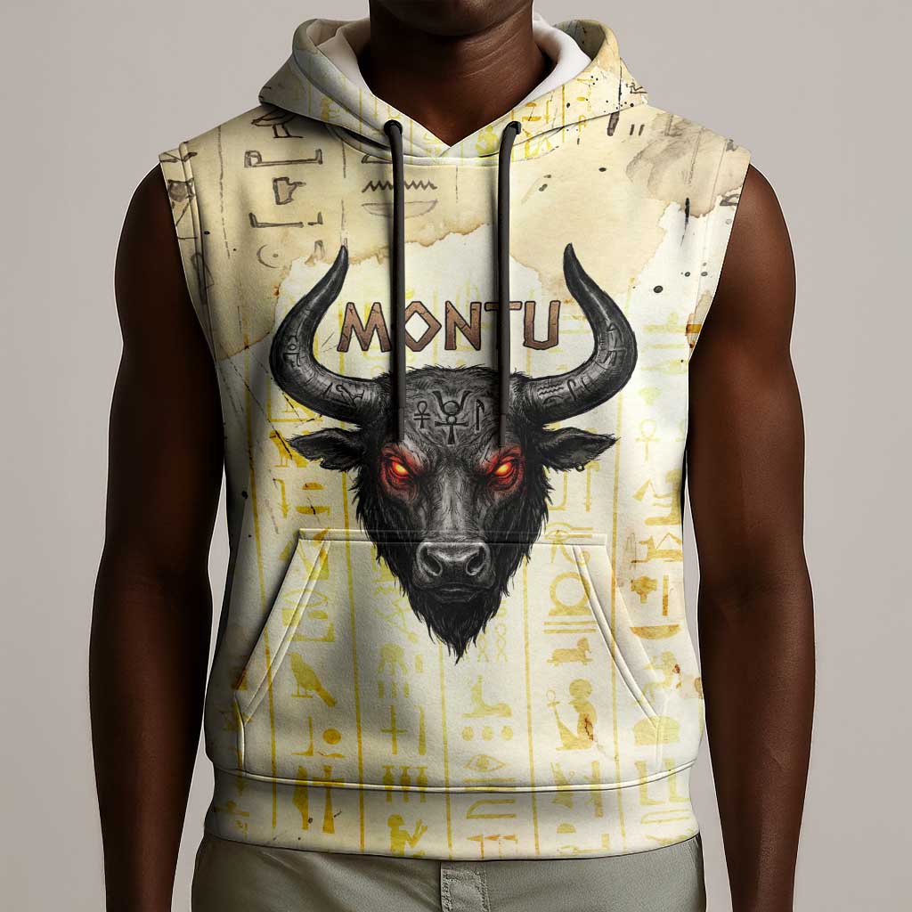Montu Egyptian Sleeveless Hoodie War God Mighty Bull Symbol Ancient Power Hieroglyphic