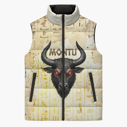 Montu Egyptian Sleeveless Puffer Jacket War God Mighty Bull Symbol Ancient Power Hieroglyphic