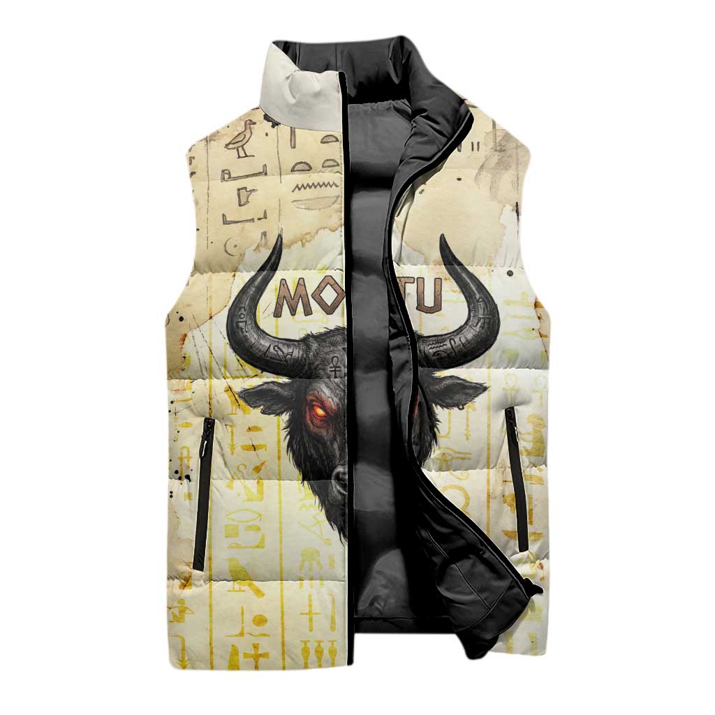 Montu Egyptian Sleeveless Puffer Jacket War God Mighty Bull Symbol Ancient Power Hieroglyphic