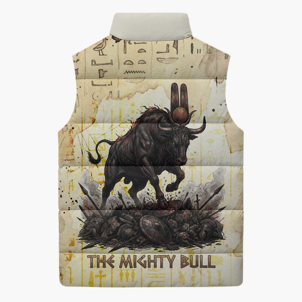 Montu Egyptian Sleeveless Puffer Jacket War God Mighty Bull Symbol Ancient Power Hieroglyphic