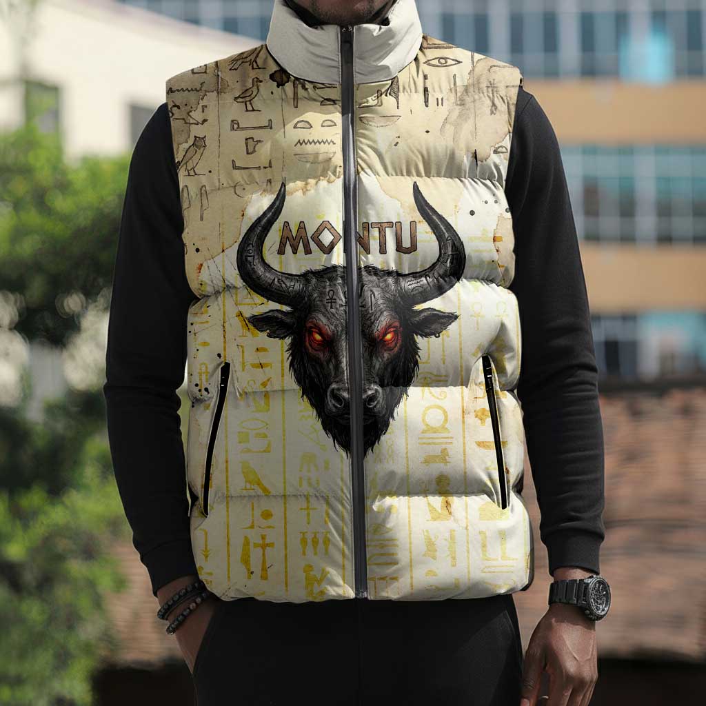Montu Egyptian Sleeveless Puffer Jacket War God Mighty Bull Symbol Ancient Power Hieroglyphic