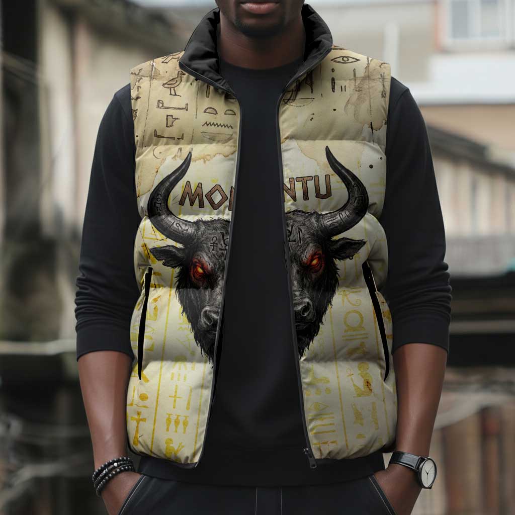 Montu Egyptian Sleeveless Puffer Jacket War God Mighty Bull Symbol Ancient Power Hieroglyphic