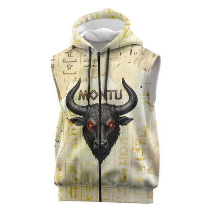 Montu Egyptian Sleeveless Zip Hoodie War God Mighty Bull Symbol Ancient Power Hieroglyphic