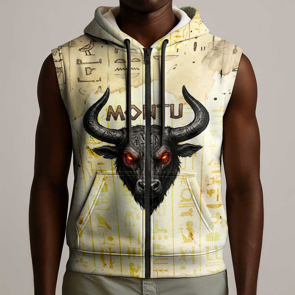 Montu Egyptian Sleeveless Zip Hoodie War God Mighty Bull Symbol Ancient Power Hieroglyphic