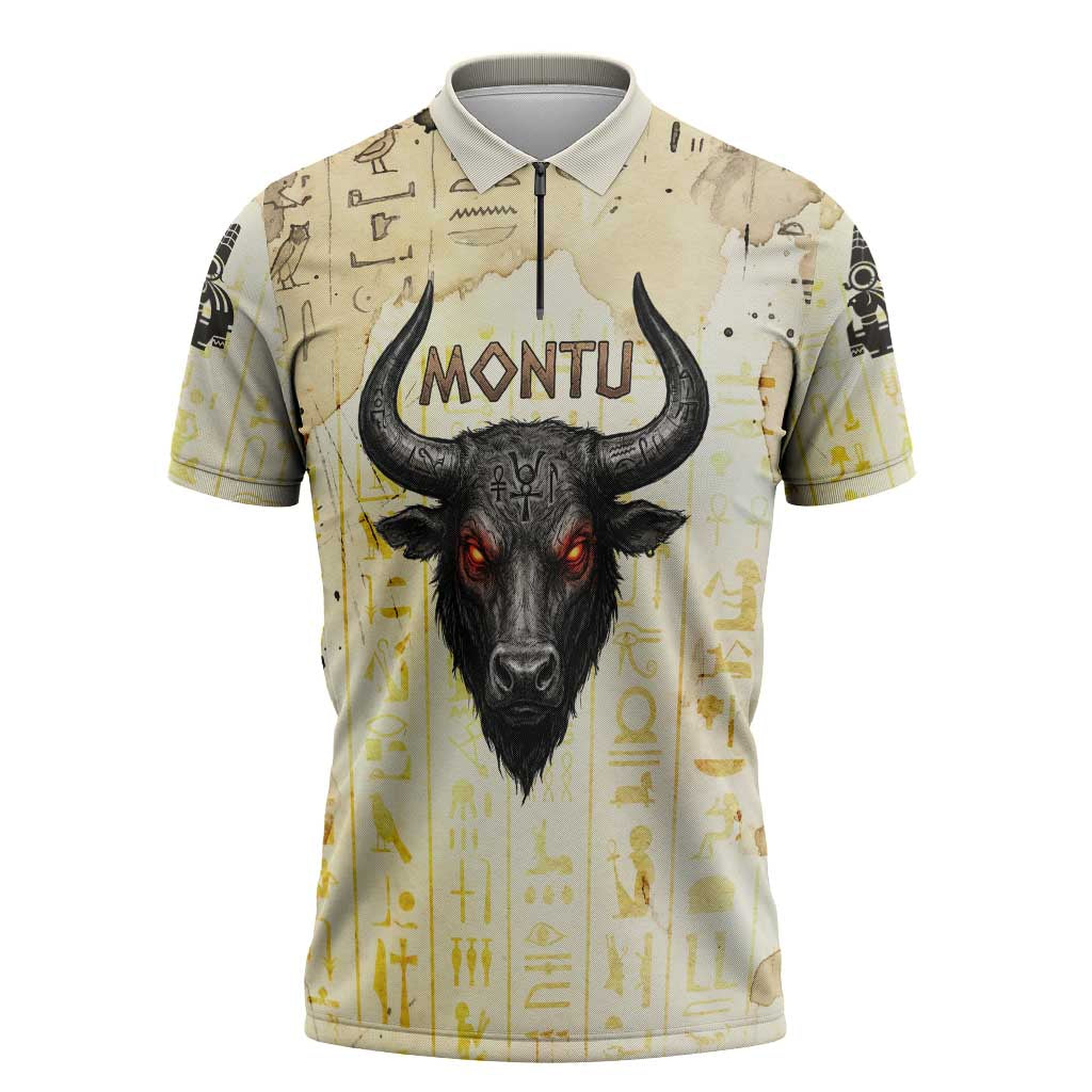 Montu Egyptian Zipper Polo Shirt War God Mighty Bull Symbol Ancient Power Hieroglyphic