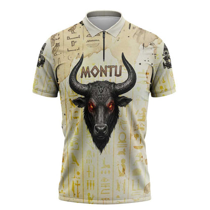Montu Egyptian Zipper Polo Shirt War God Mighty Bull Symbol Ancient Power Hieroglyphic