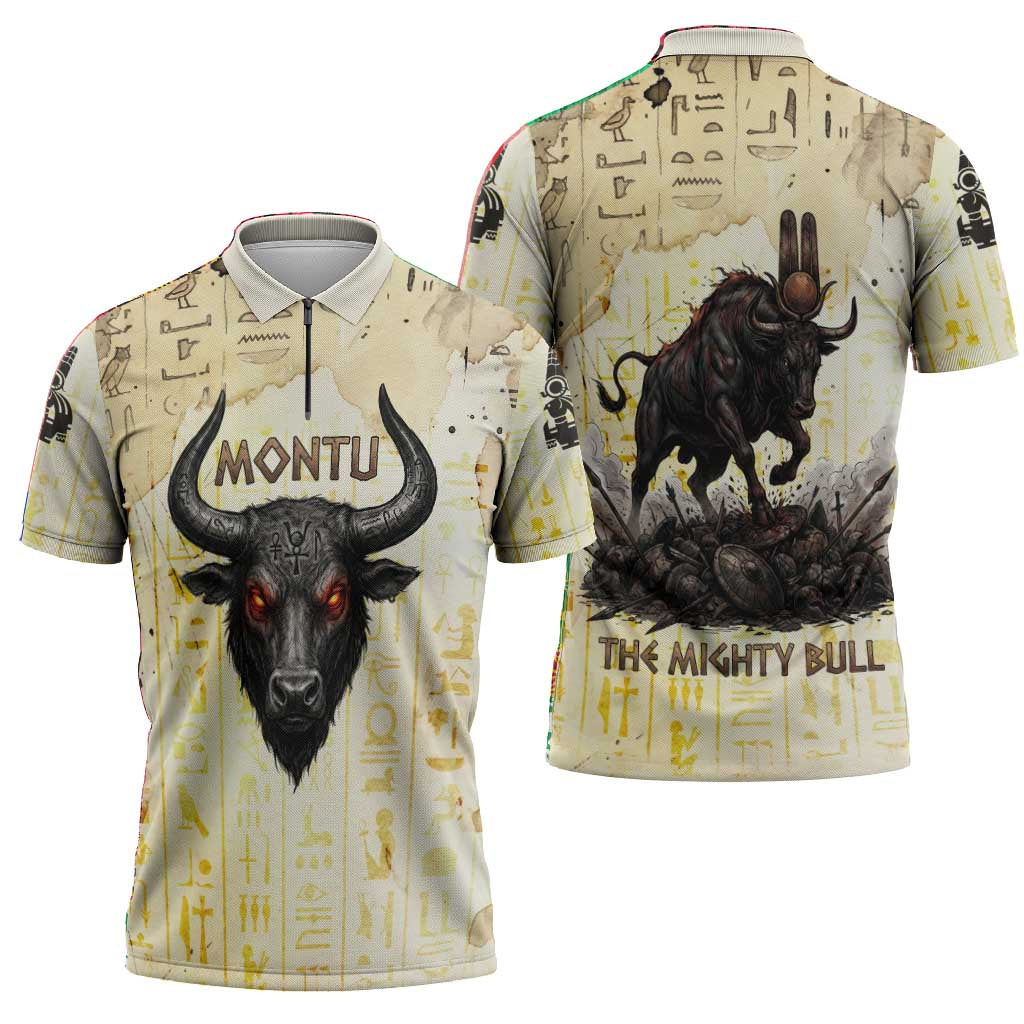 Montu Egyptian Zipper Polo Shirt War God Mighty Bull Symbol Ancient Power Hieroglyphic