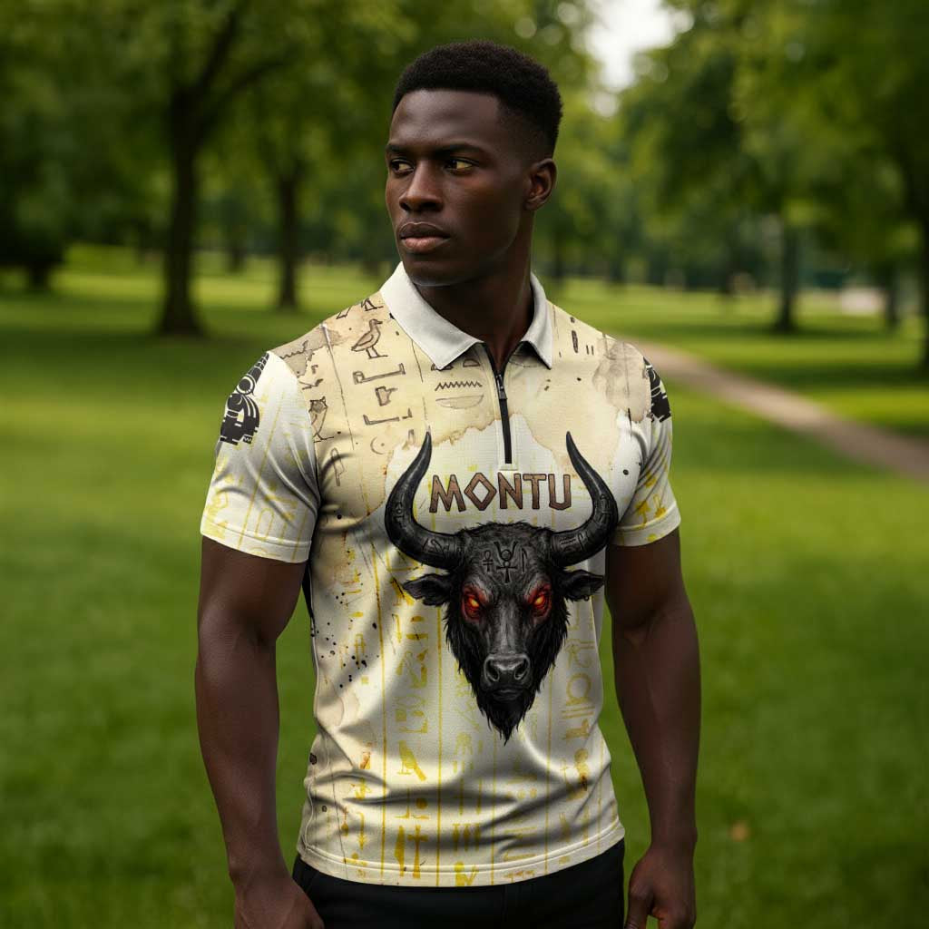 Montu Egyptian Zipper Polo Shirt War God Mighty Bull Symbol Ancient Power Hieroglyphic