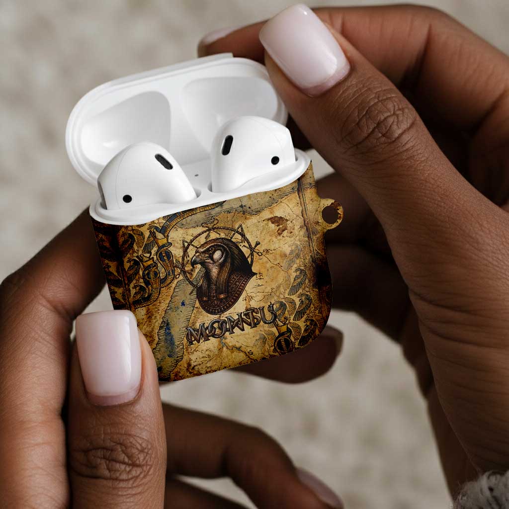 Montu AirPods Case Falcon Head War God Ancient Egyptian Map Feathers and Sun Disk