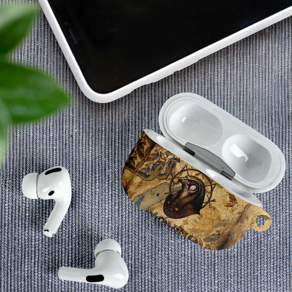 Montu AirPods Case Falcon Head War God Ancient Egyptian Map Feathers and Sun Disk