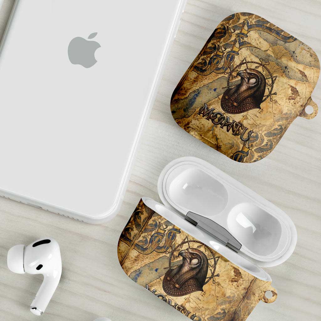 Montu AirPods Case Falcon Head War God Ancient Egyptian Map Feathers and Sun Disk