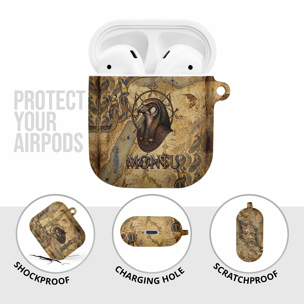Montu AirPods Case Falcon Head War God Ancient Egyptian Map Feathers and Sun Disk