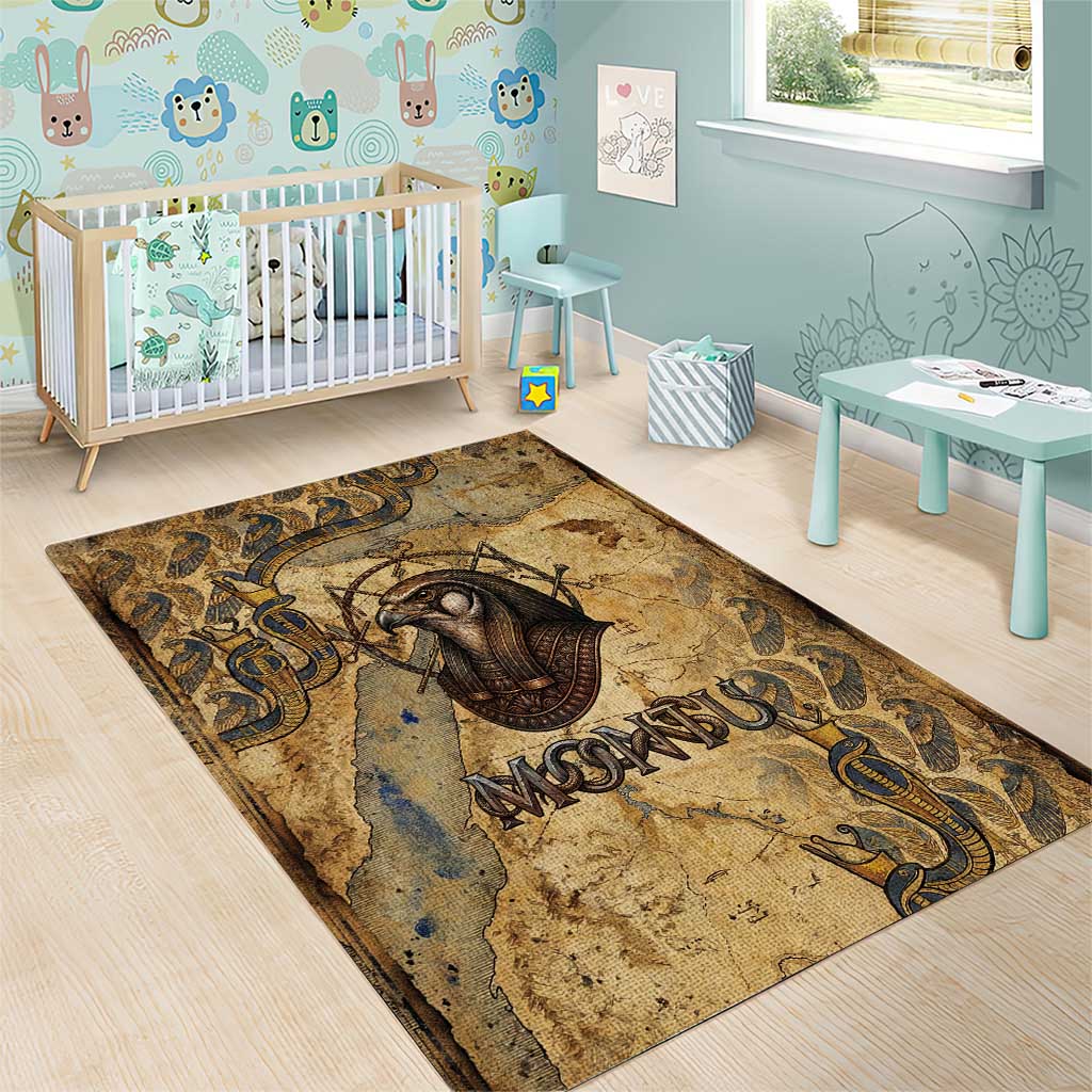 Montu Area Rug Falcon Head War God Ancient Egyptian Map Feathers and Sun Disk