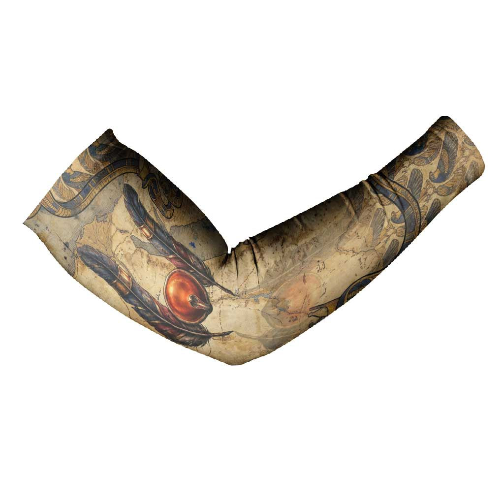 Montu Arm Sleeves Falcon Head War God Ancient Egyptian Map Feathers and Sun Disk