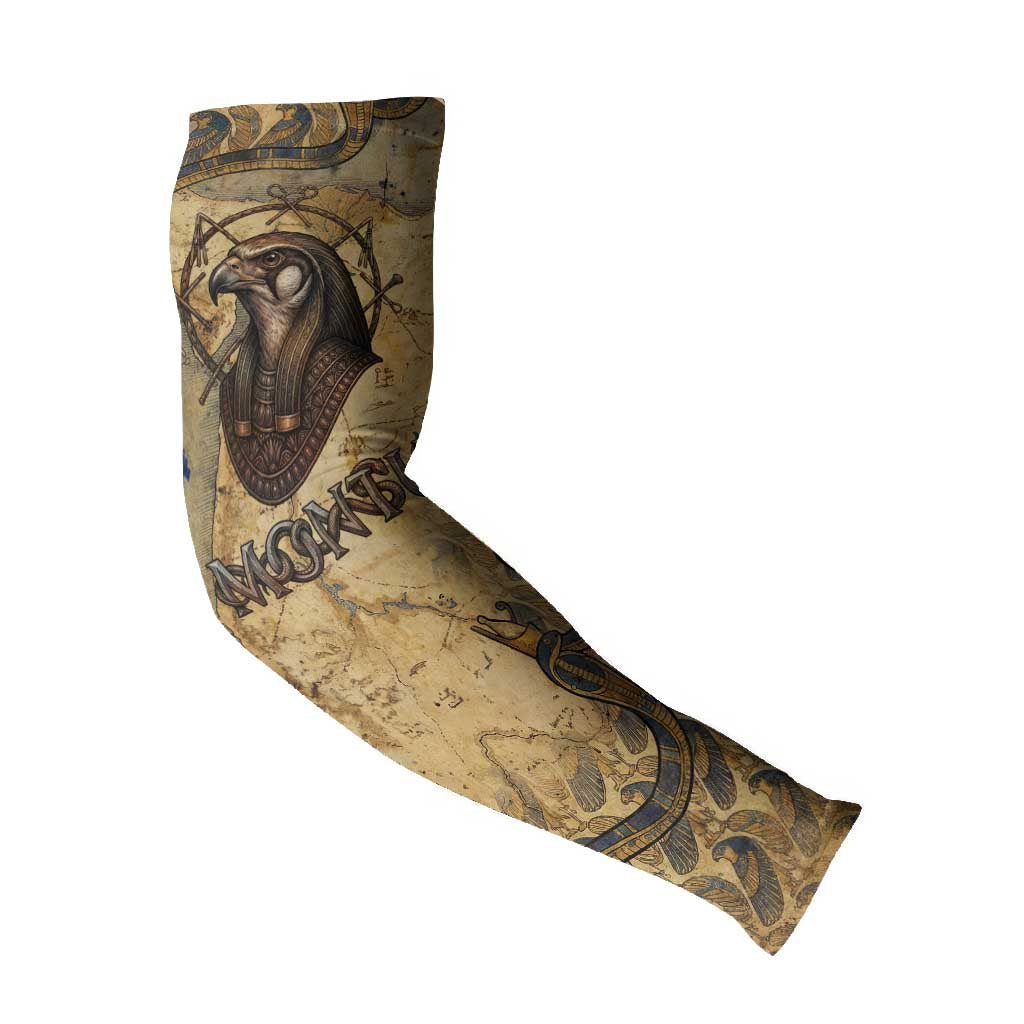 Montu Arm Sleeves Falcon Head War God Ancient Egyptian Map Feathers and Sun Disk