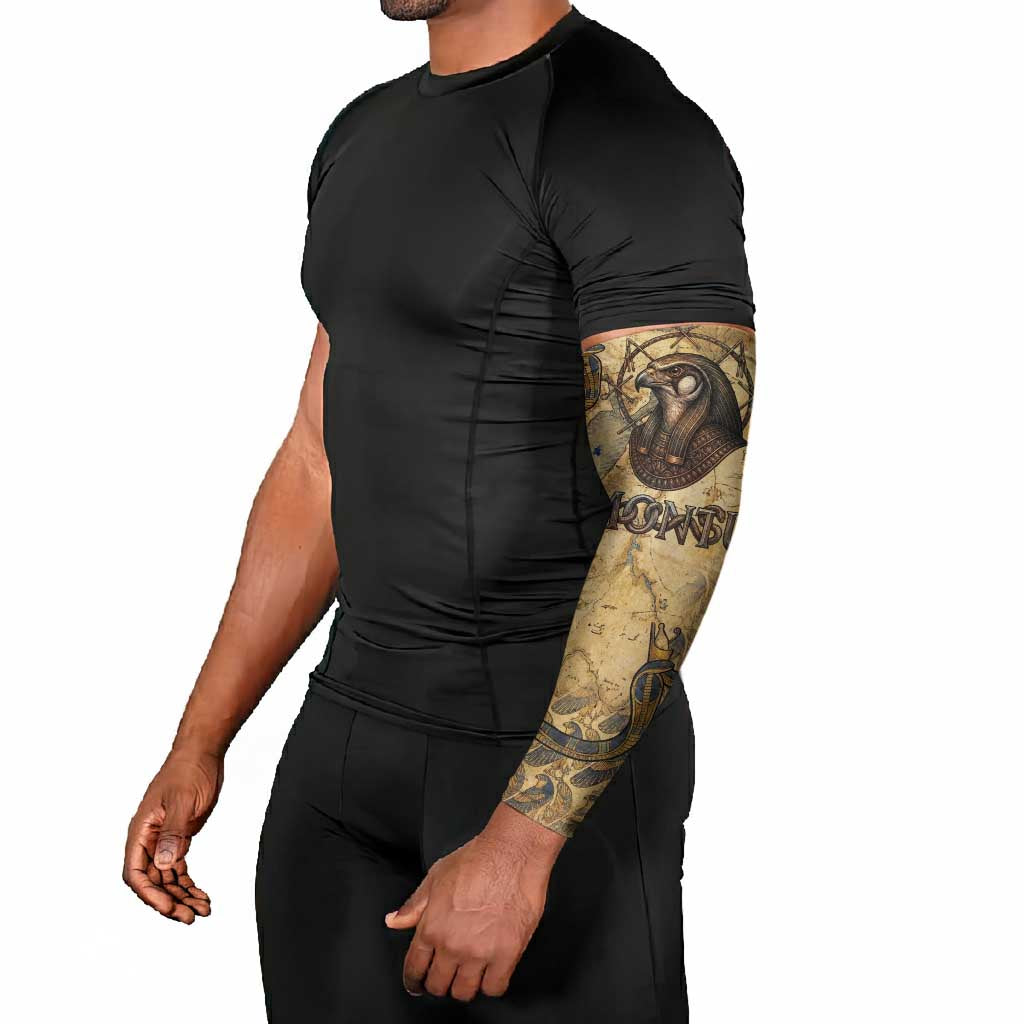 Montu Arm Sleeves Falcon Head War God Ancient Egyptian Map Feathers and Sun Disk