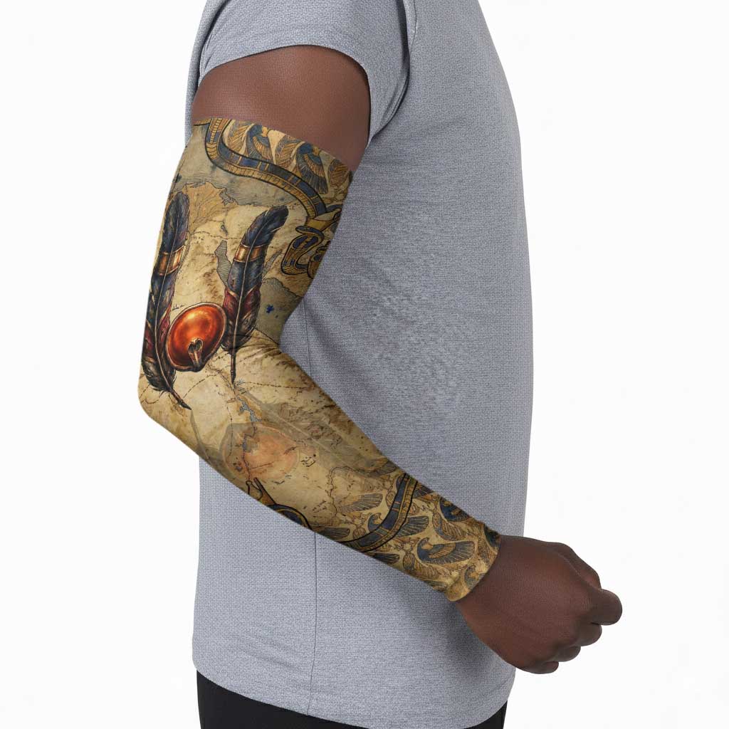 Montu Arm Sleeves Falcon Head War God Ancient Egyptian Map Feathers and Sun Disk