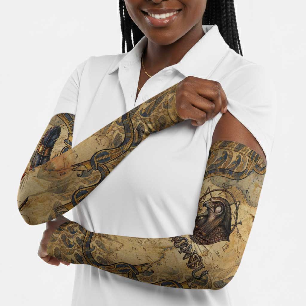 Montu Arm Sleeves Falcon Head War God Ancient Egyptian Map Feathers and Sun Disk