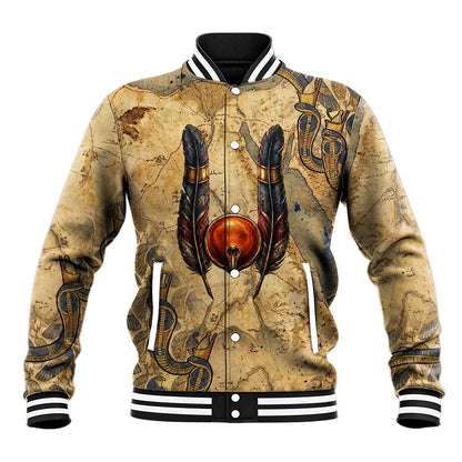 Montu Baseball Jacket Falcon Head War God Ancient Egyptian Map Feathers and Sun Disk