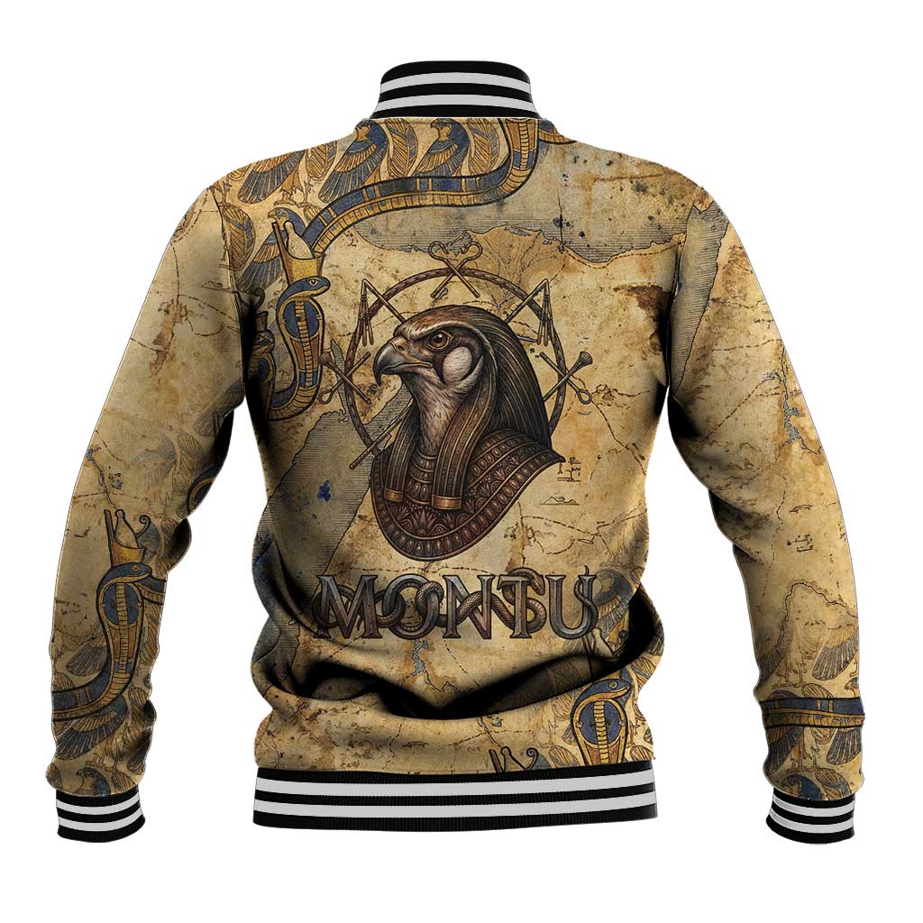 Montu Baseball Jacket Falcon Head War God Ancient Egyptian Map Feathers and Sun Disk