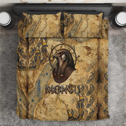 Montu Bedding Set Falcon Head War God Ancient Egyptian Map Feathers and Sun Disk
