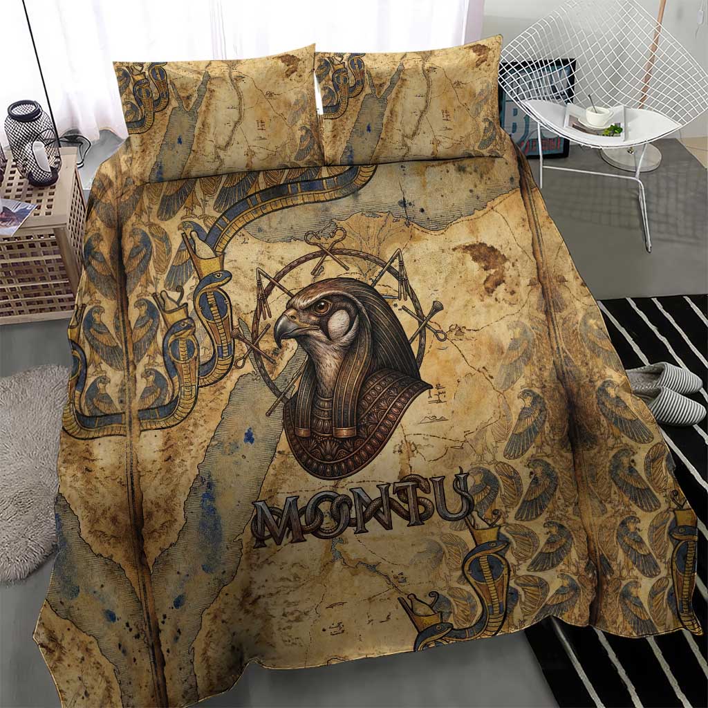Montu Bedding Set Falcon Head War God Ancient Egyptian Map Feathers and Sun Disk