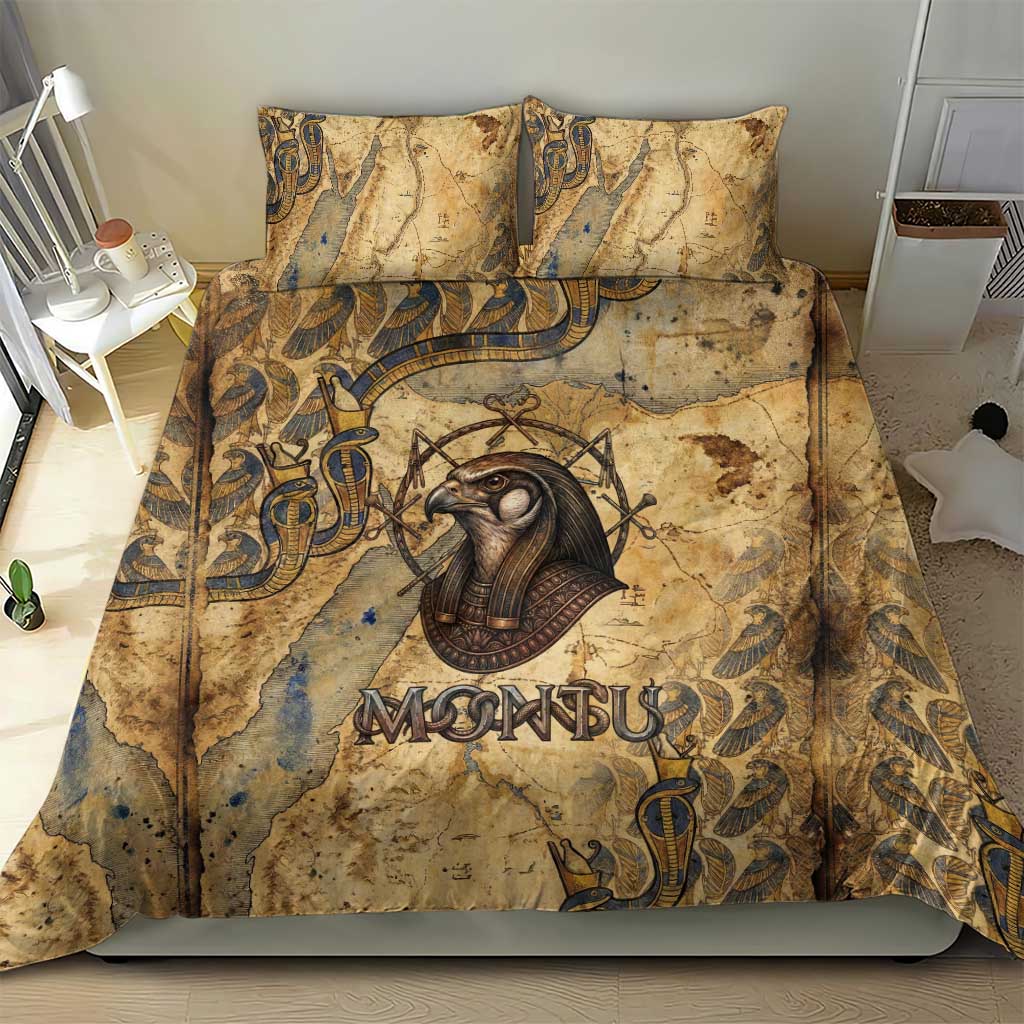 Montu Bedding Set Falcon Head War God Ancient Egyptian Map Feathers and Sun Disk