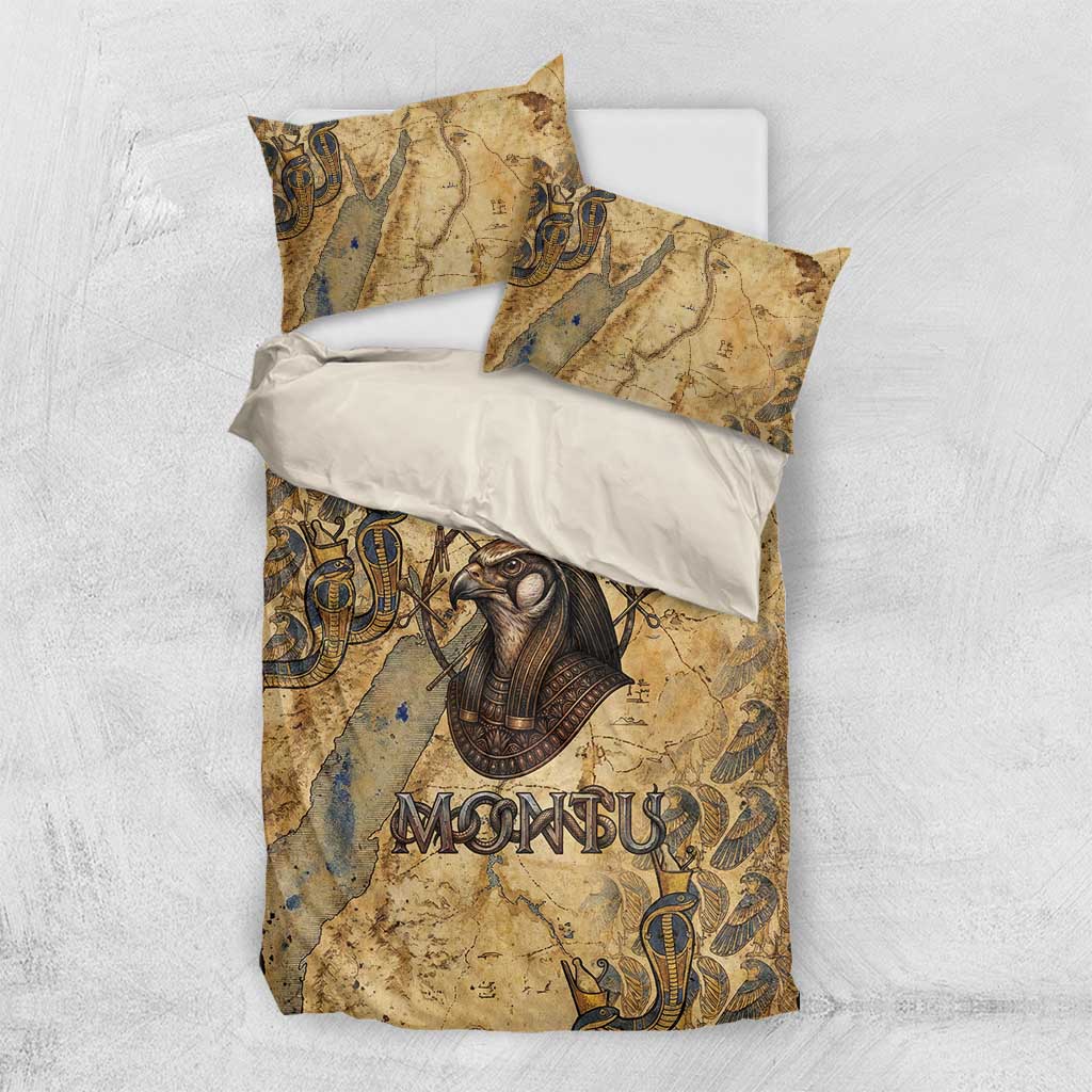 Montu Bedding Set Falcon Head War God Ancient Egyptian Map Feathers and Sun Disk