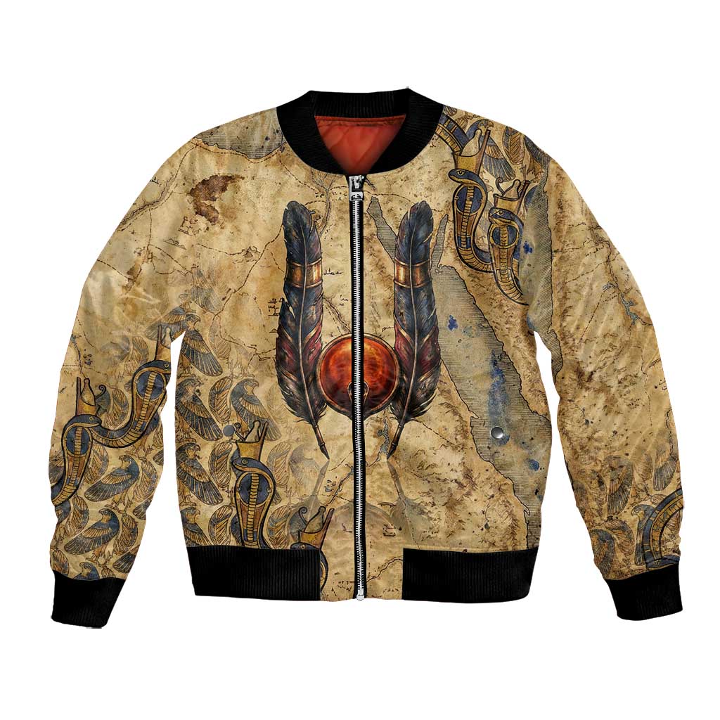 Montu Bomber Jacket Falcon Head War God Ancient Egyptian Map Feathers and Sun Disk