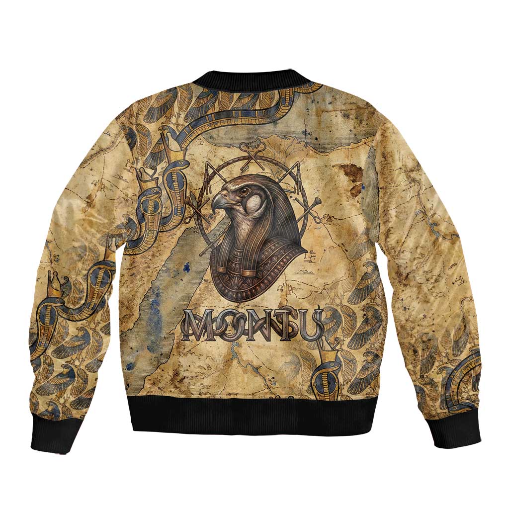 Montu Bomber Jacket Falcon Head War God Ancient Egyptian Map Feathers and Sun Disk