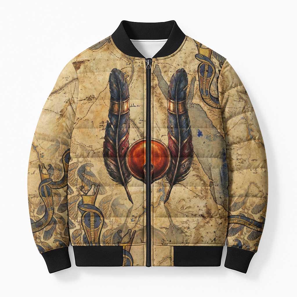 Montu Bomber Puffer Jacket Falcon Head War God Ancient Egyptian Map Feathers and Sun Disk