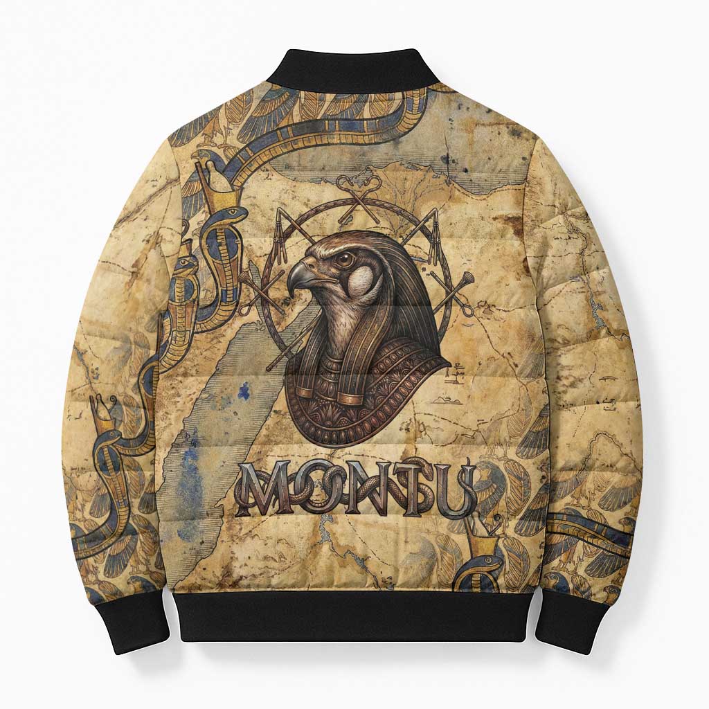 Montu Bomber Puffer Jacket Falcon Head War God Ancient Egyptian Map Feathers and Sun Disk