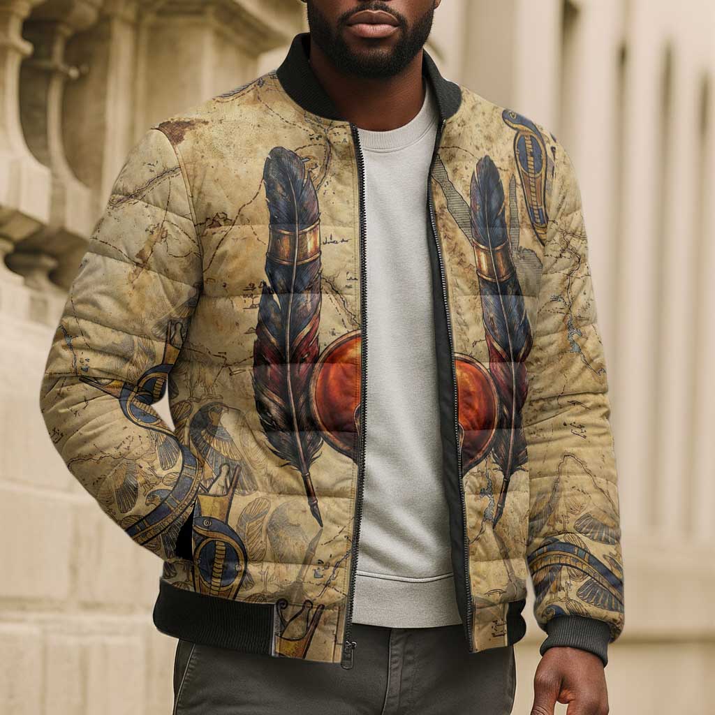 Montu Bomber Puffer Jacket Falcon Head War God Ancient Egyptian Map Feathers and Sun Disk