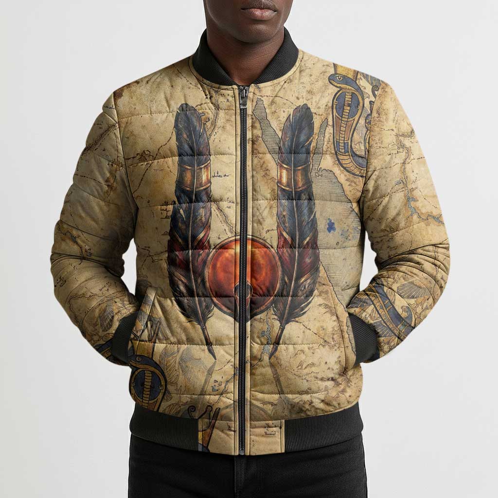 Montu Bomber Puffer Jacket Falcon Head War God Ancient Egyptian Map Feathers and Sun Disk
