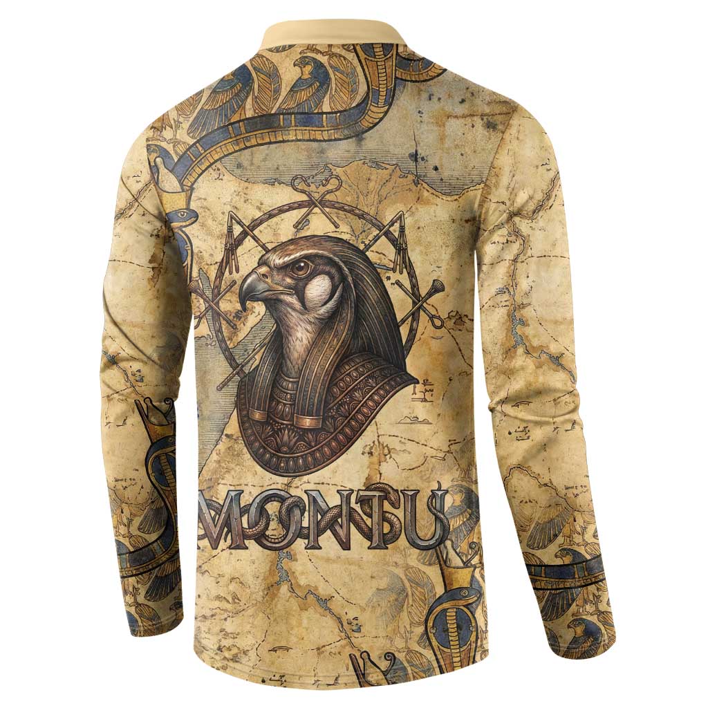 Montu Button Sweatshirt Falcon Head War God Ancient Egyptian Map Feathers and Sun Disk