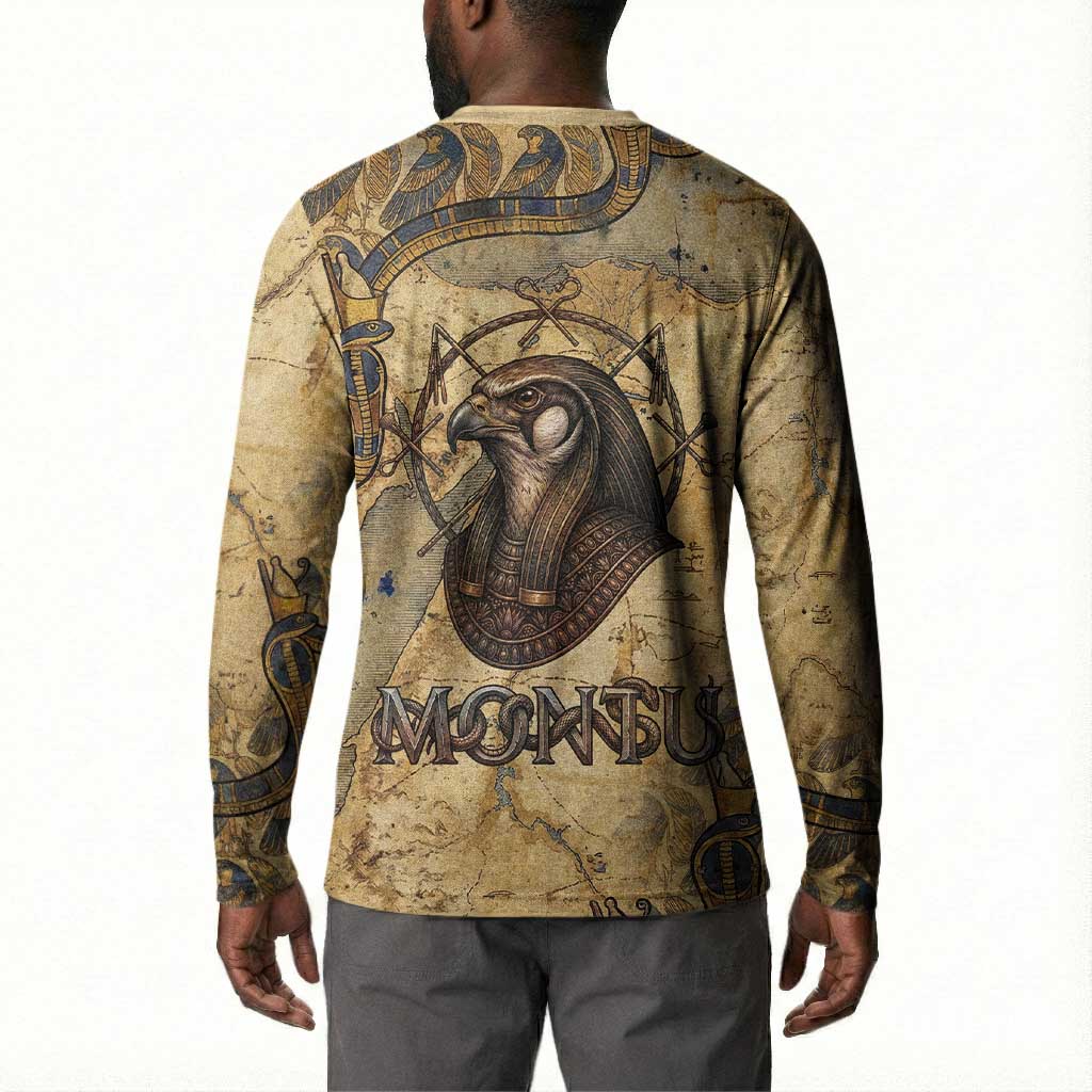 Montu Button Sweatshirt Falcon Head War God Ancient Egyptian Map Feathers and Sun Disk