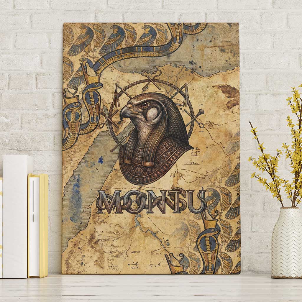 Montu Canvas Wall Art Falcon Head War God Ancient Egyptian Map Feathers and Sun Disk