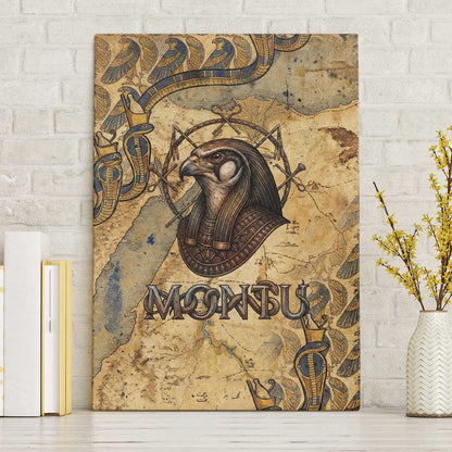 Montu Canvas Wall Art Falcon Head War God Ancient Egyptian Map Feathers and Sun Disk