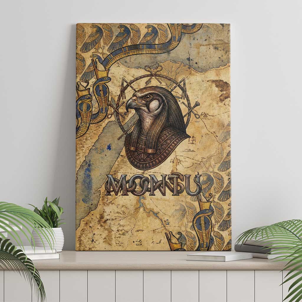 Montu Canvas Wall Art Falcon Head War God Ancient Egyptian Map Feathers and Sun Disk