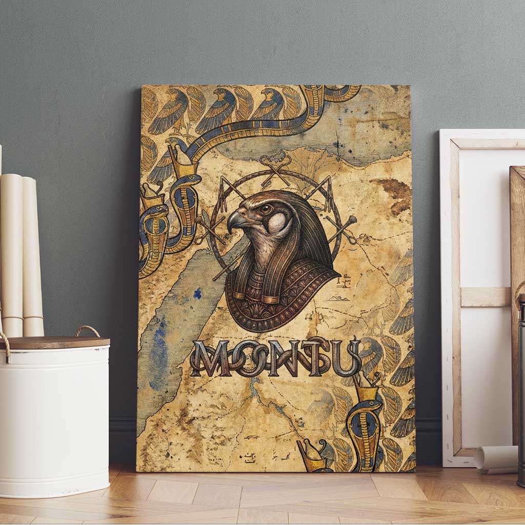 Montu Canvas Wall Art Falcon Head War God Ancient Egyptian Map Feathers and Sun Disk
